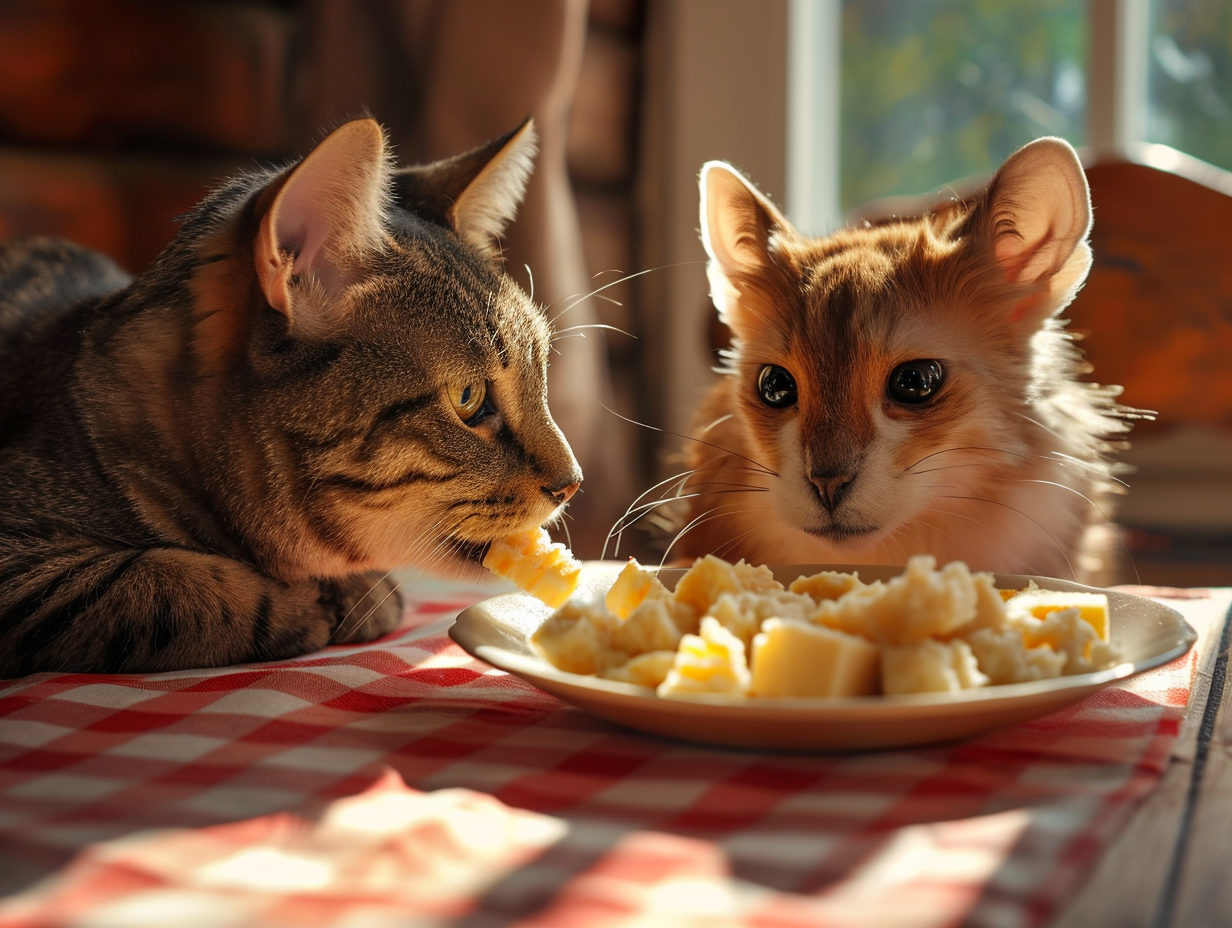 Grayscale cat and Hovawart eating on kitchen table