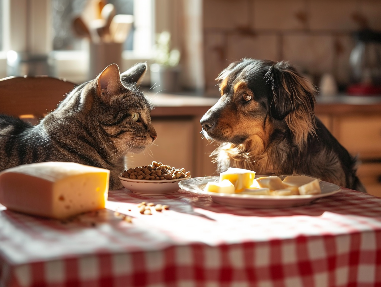 Grayscale cat and Hovawart eating on kitchen table