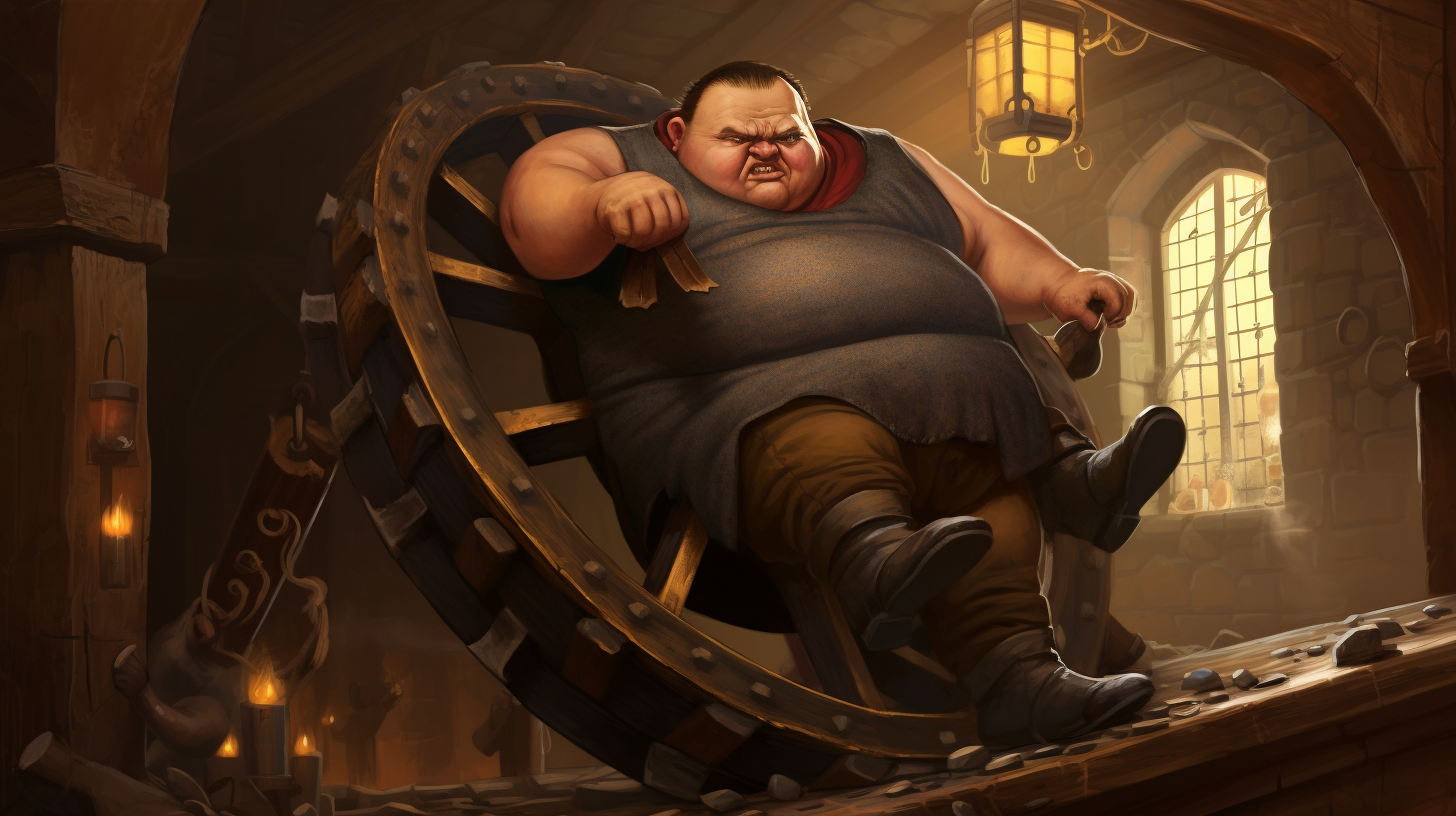 Greasy overweight medieval halfling handling trainwheel