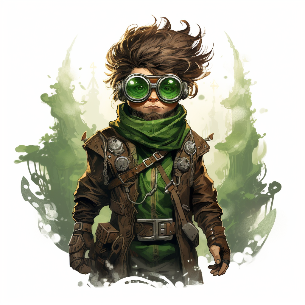 Childlike short wizard with brown beard and green steam punk goggles