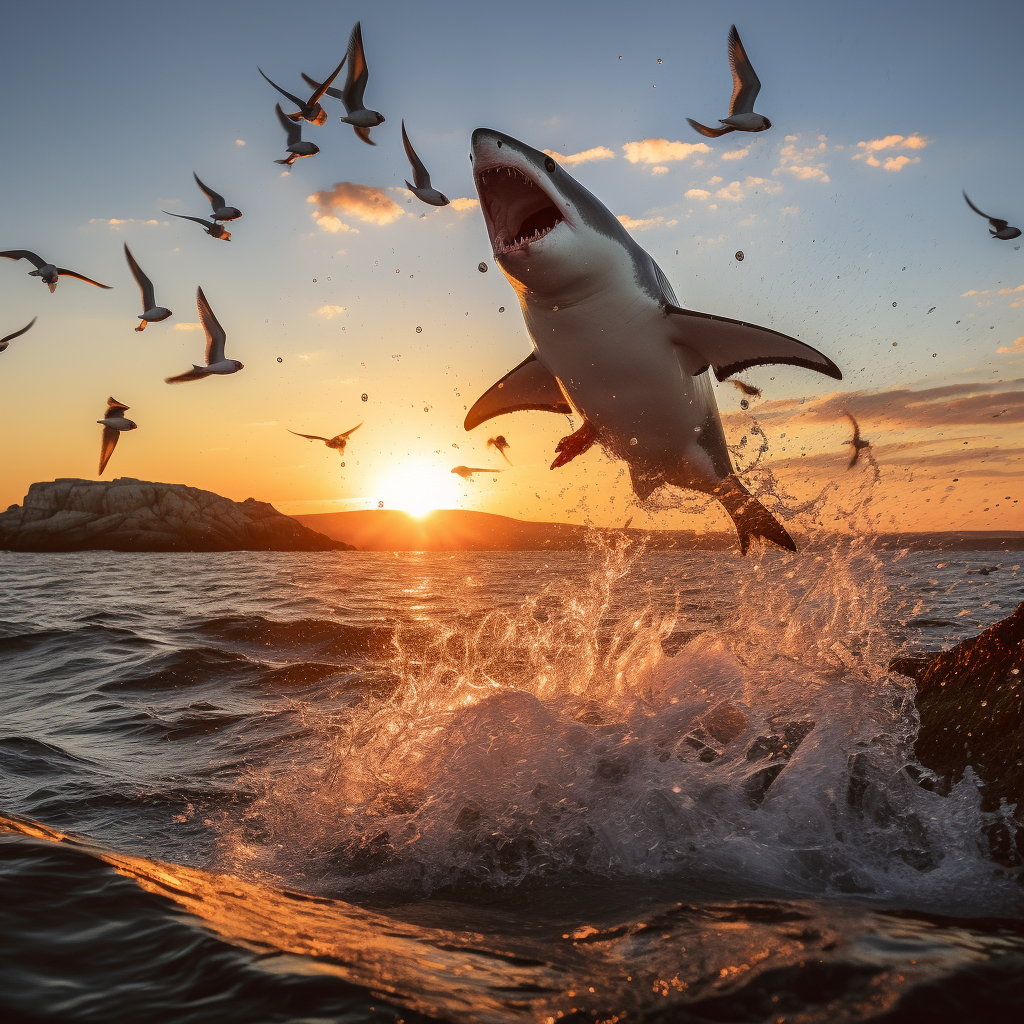 Majestic great white shark leaping out of the ocean