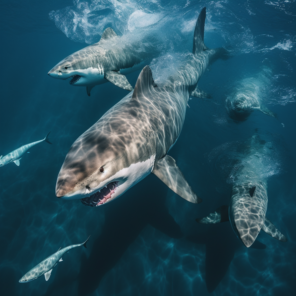 Majestic great white sharks swimming in the ocean