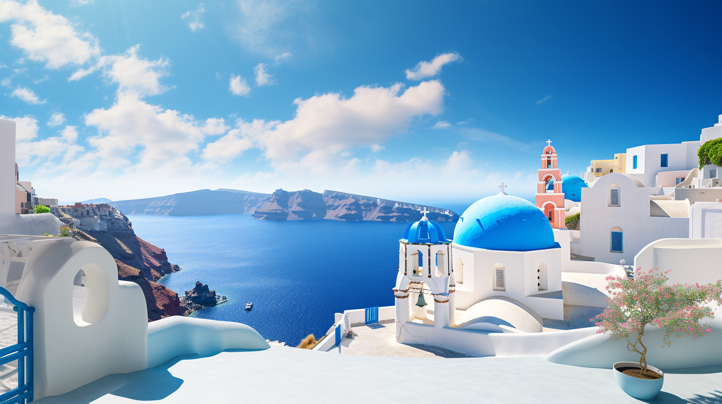 Iconic Blue-Domed Churches in Grecian Landscape