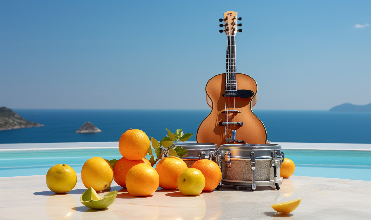 Surreal backyard swimming pool with fruit close-up