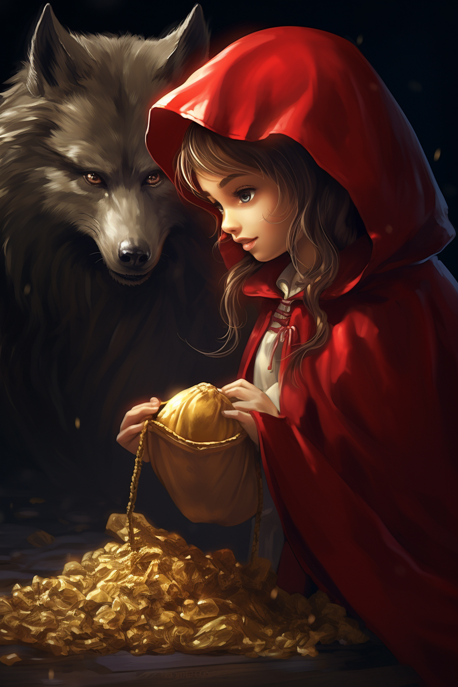 Greedy Wolf on Bags of Gold Giving Coin to Little Red Riding Hood