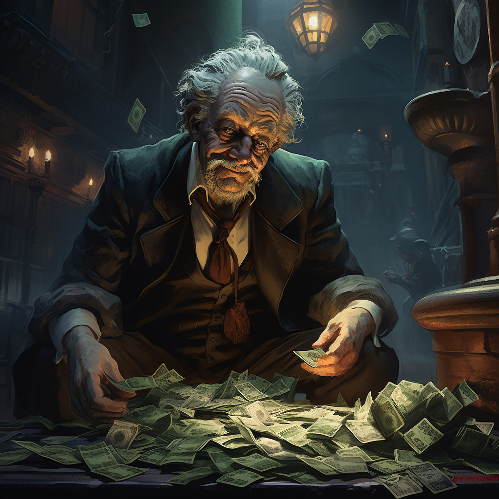 Image of a Greedy Old Man Accumulating Wealth