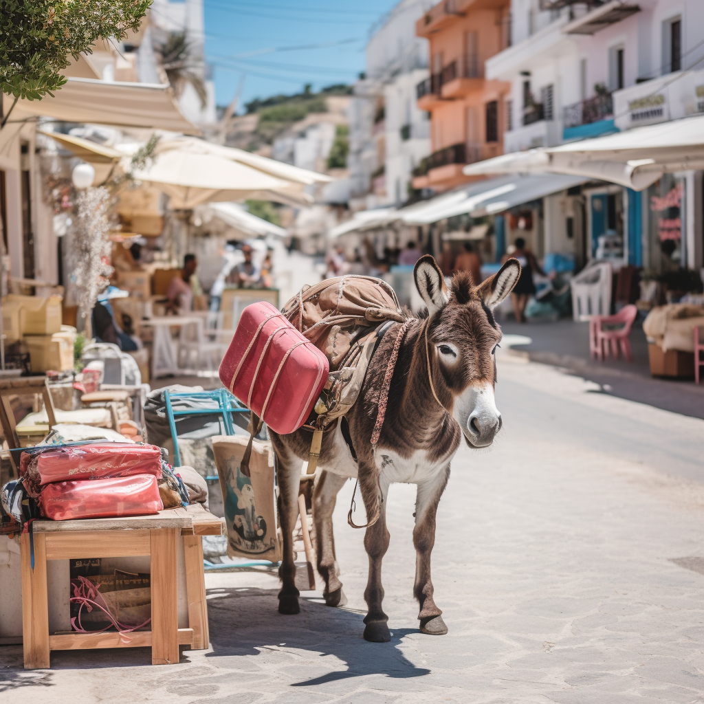 Donkey with saddle bags wandering Greek island street