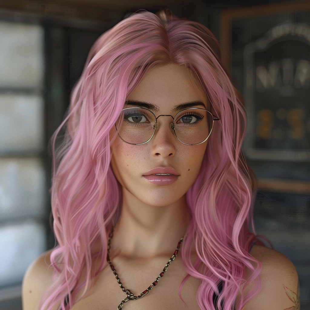 Greek man with white glasses and pink hair