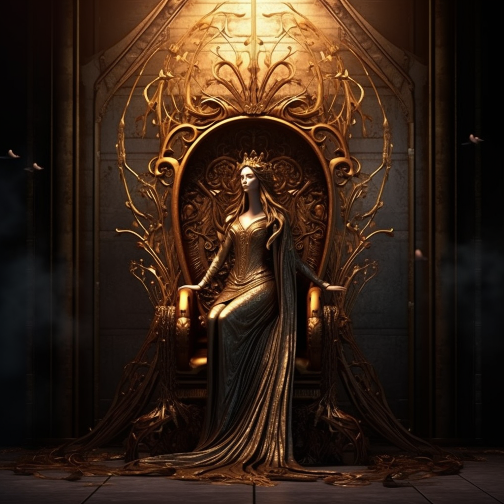 Persephone on Throne pointing to Door