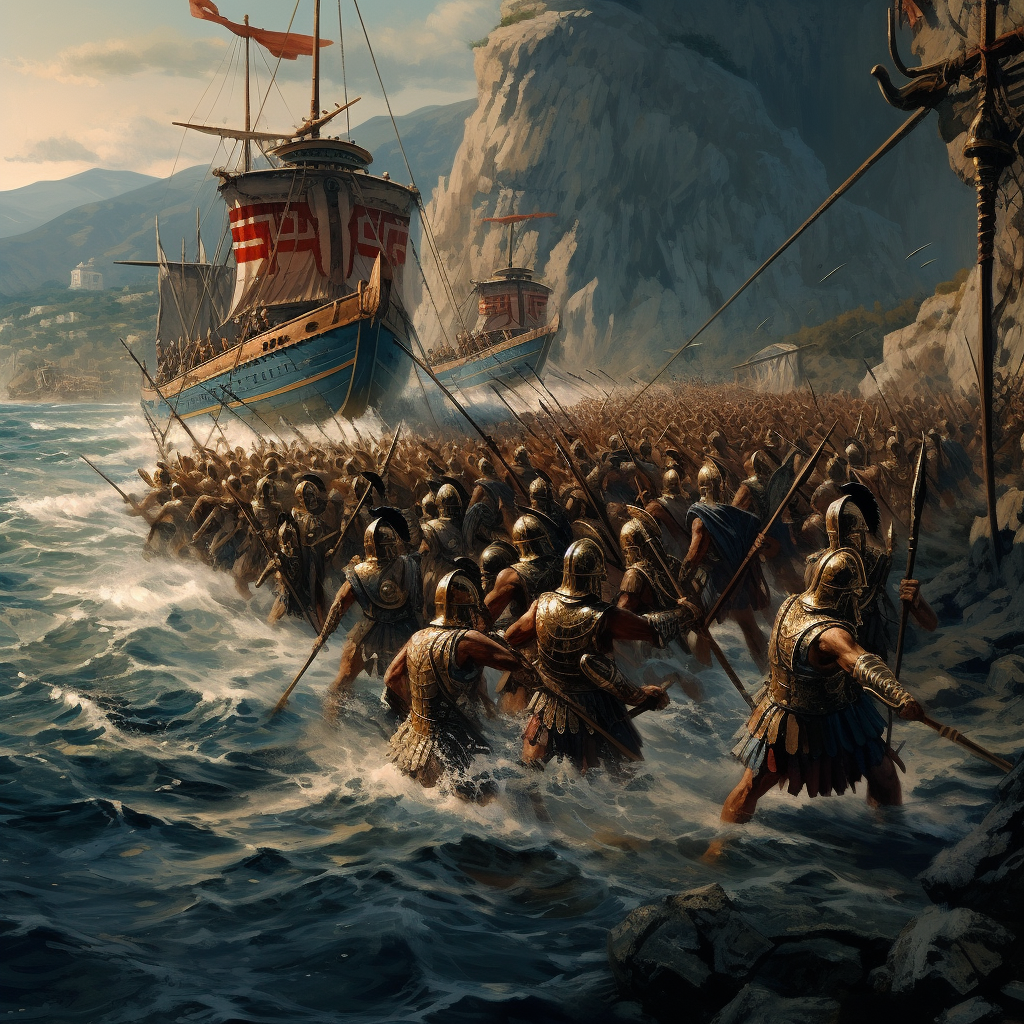 Greek navy in battle scene