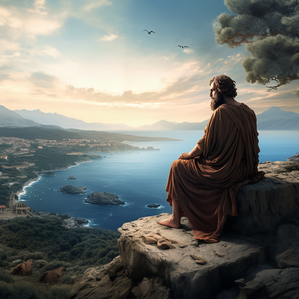 Ancient Greek philosopher overlooking the sea