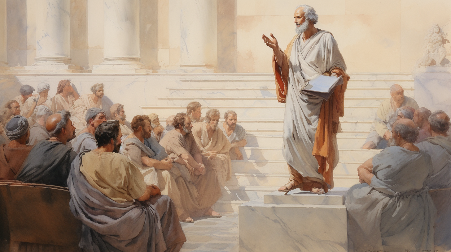 Greek philosopher giving colourful watercolour speech