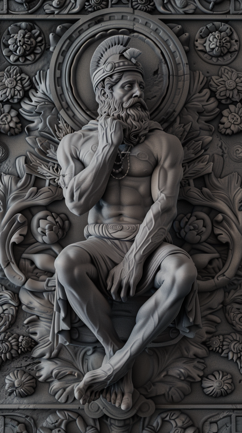 muscular greek philosopher warrior contemplating greyscale