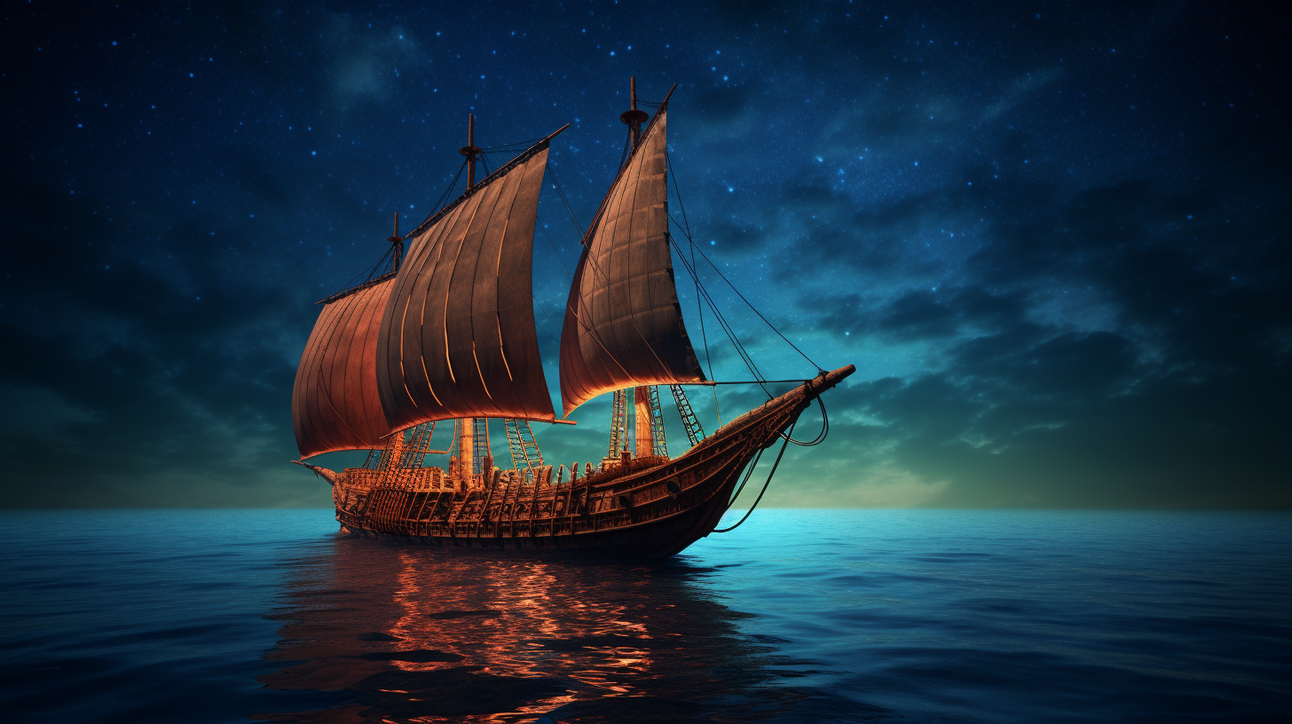 Ancient Greek Ship sailing in the night ocean