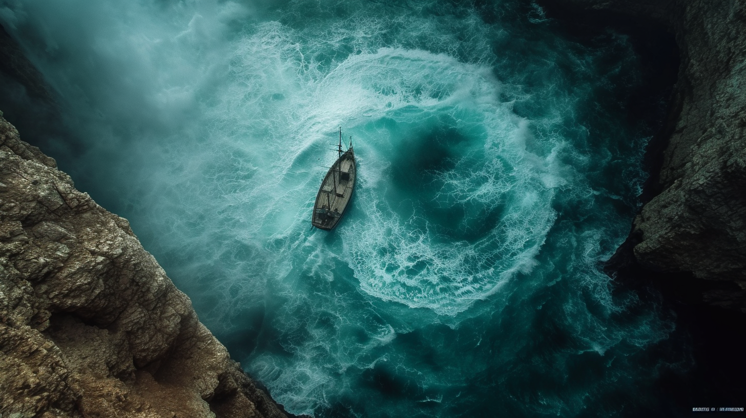 Ancient Greek Ship in Vortex at Sea