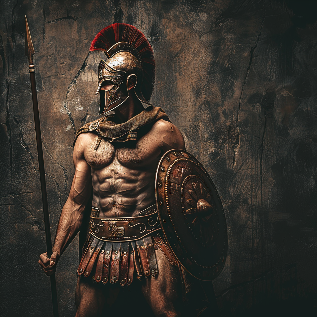 Spartan soldier holding spear shield