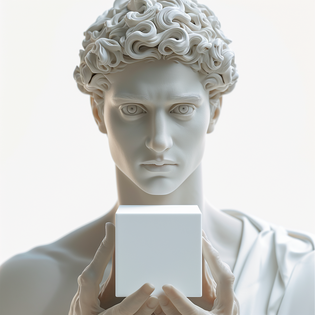 Greek Statue Holding 3D Cube