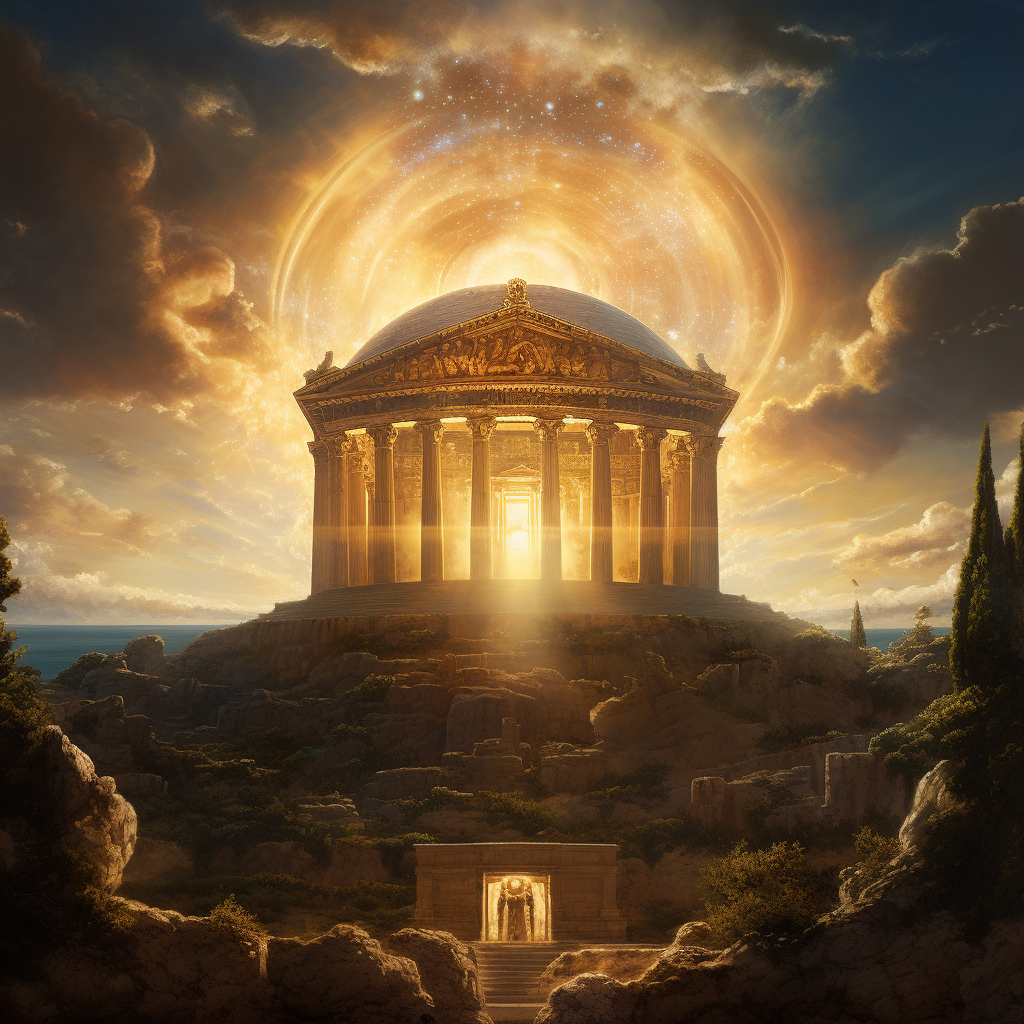 Greek temple with dome and shining light