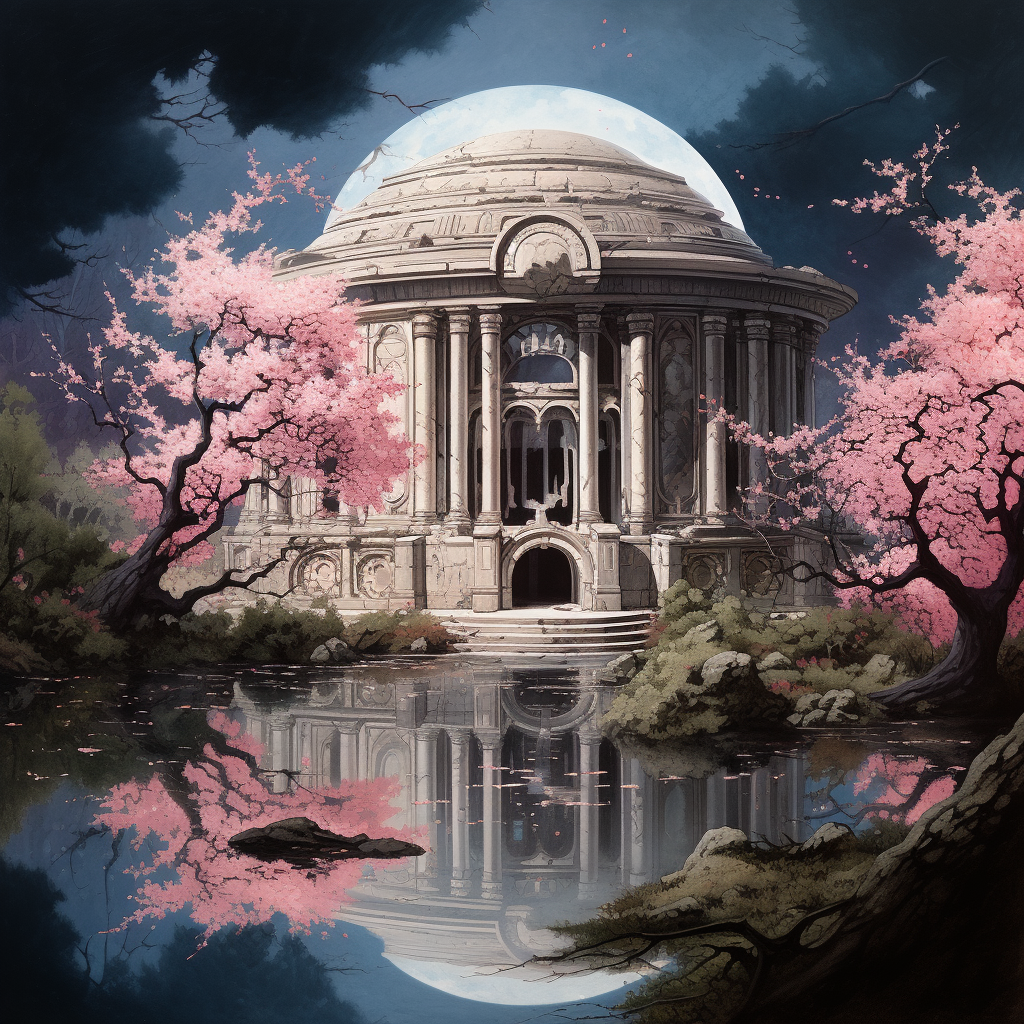 Weathered Greek Temple with Cell Division and Cherry Blossoms