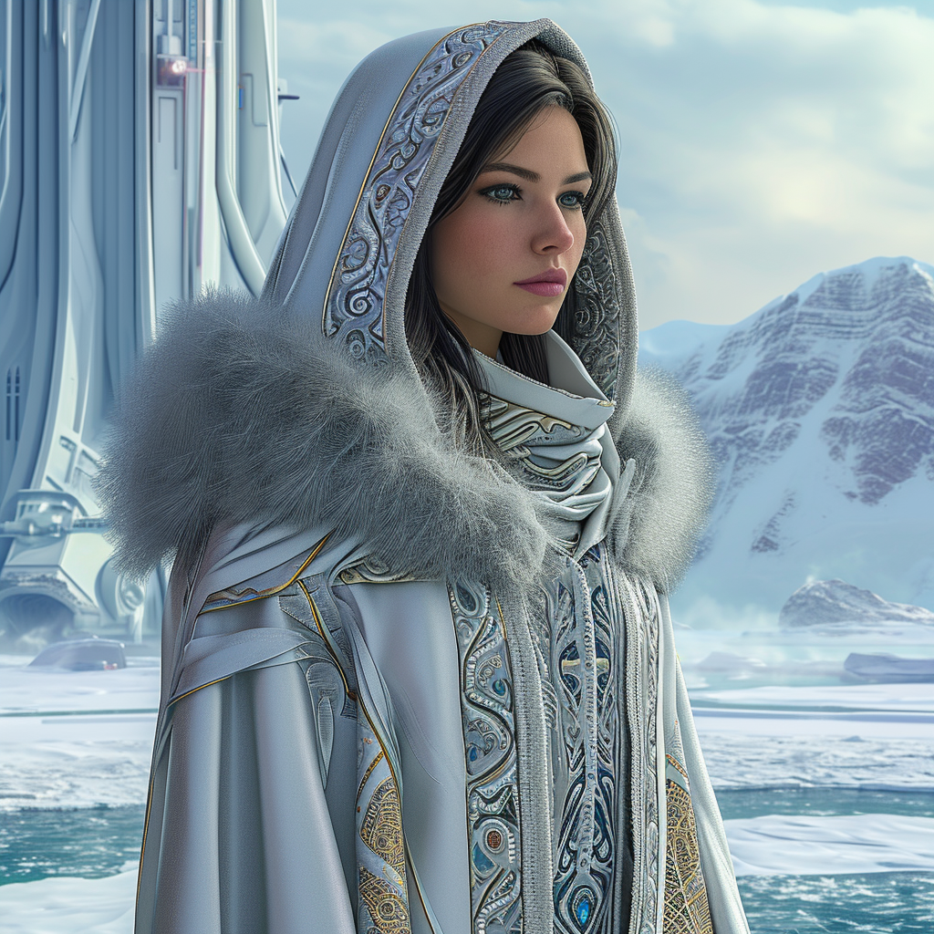 Greek woman in futuristic robes with fur trim