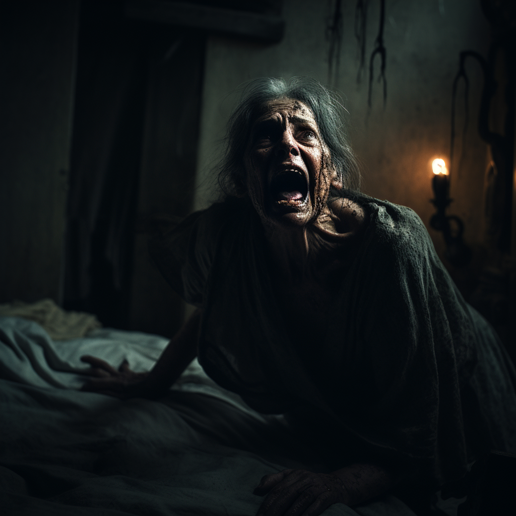 Screaming Greek Woman in Dark Bedroom