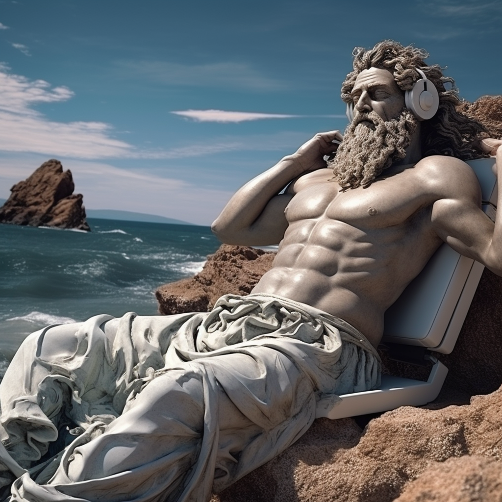 Colorful Greek sculpture of Zeus enjoying summer on the beach