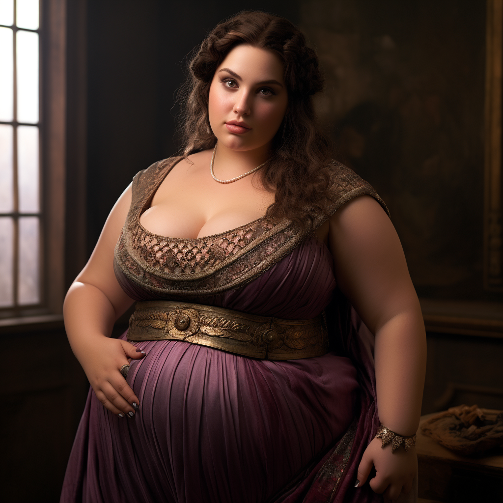 Beautiful woman in ancient Greece with fat belly