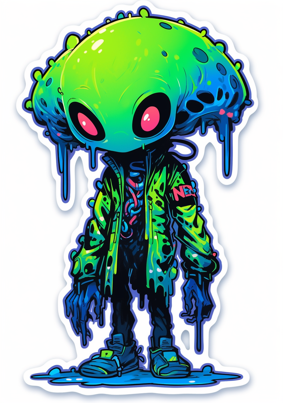 Detailed Green Alien Sticker by Ralph Steadman and Jason Freeny