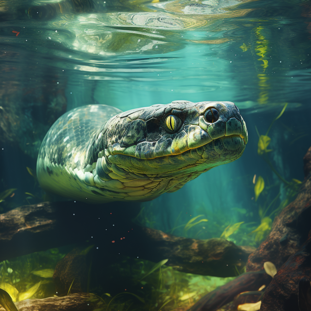 Giant Green Anaconda swimming underwater