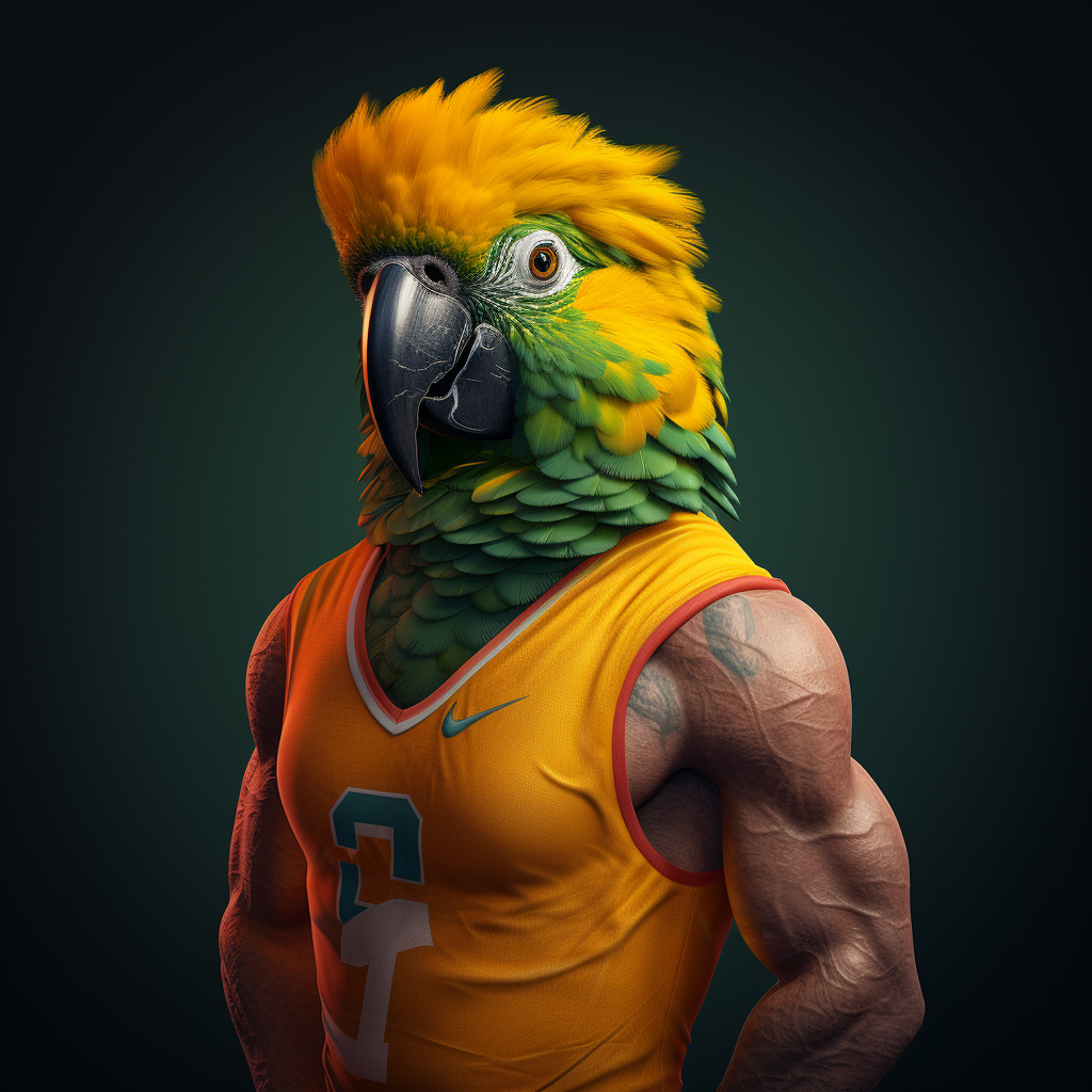 Muscular anthropomorphic parrot wearing green jumper