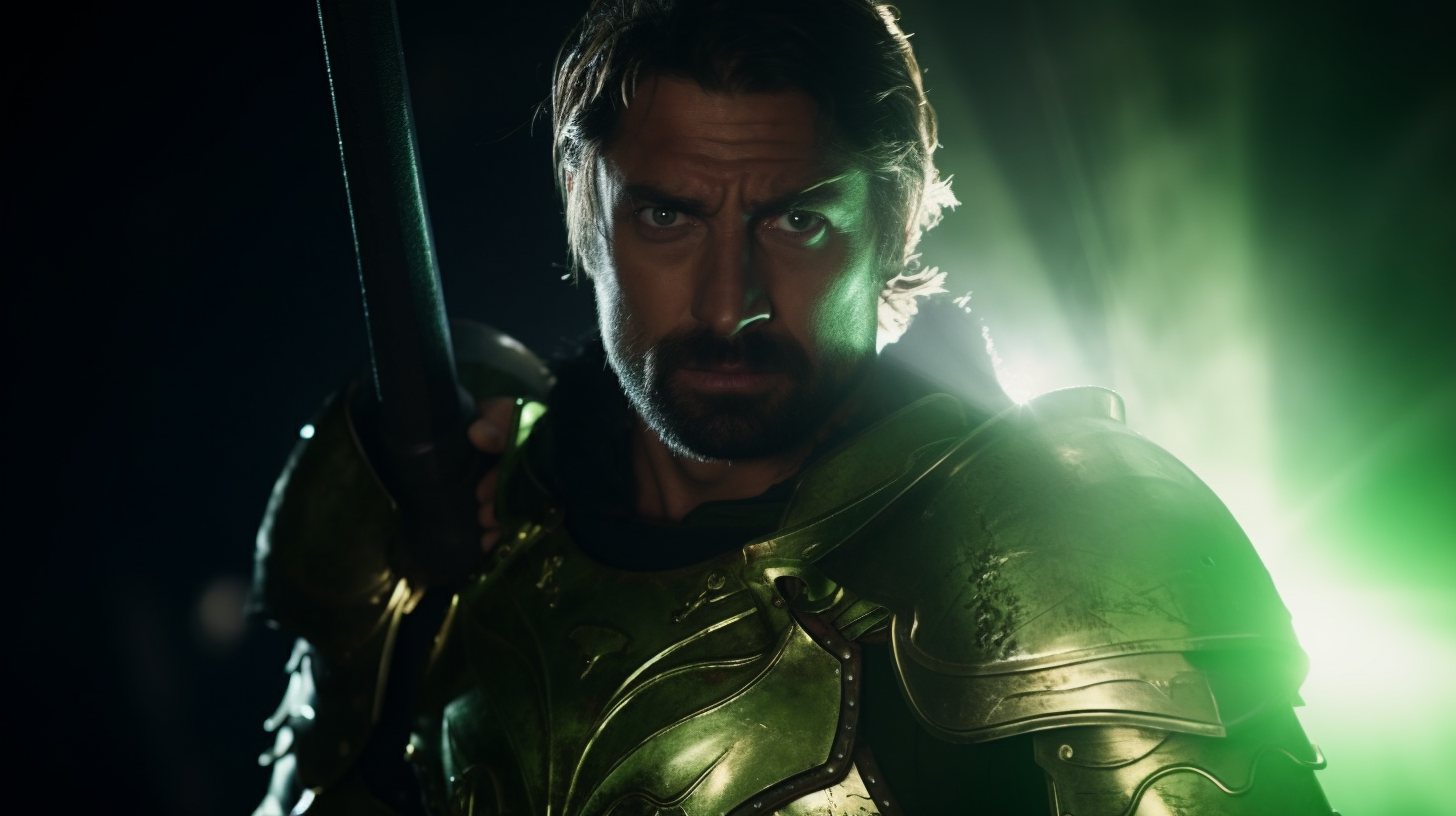 Brave warrior in shining green armor with sword