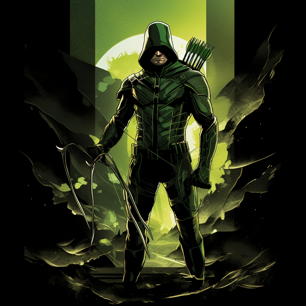 Green Arrow in classic outfit strikes a heroic pose