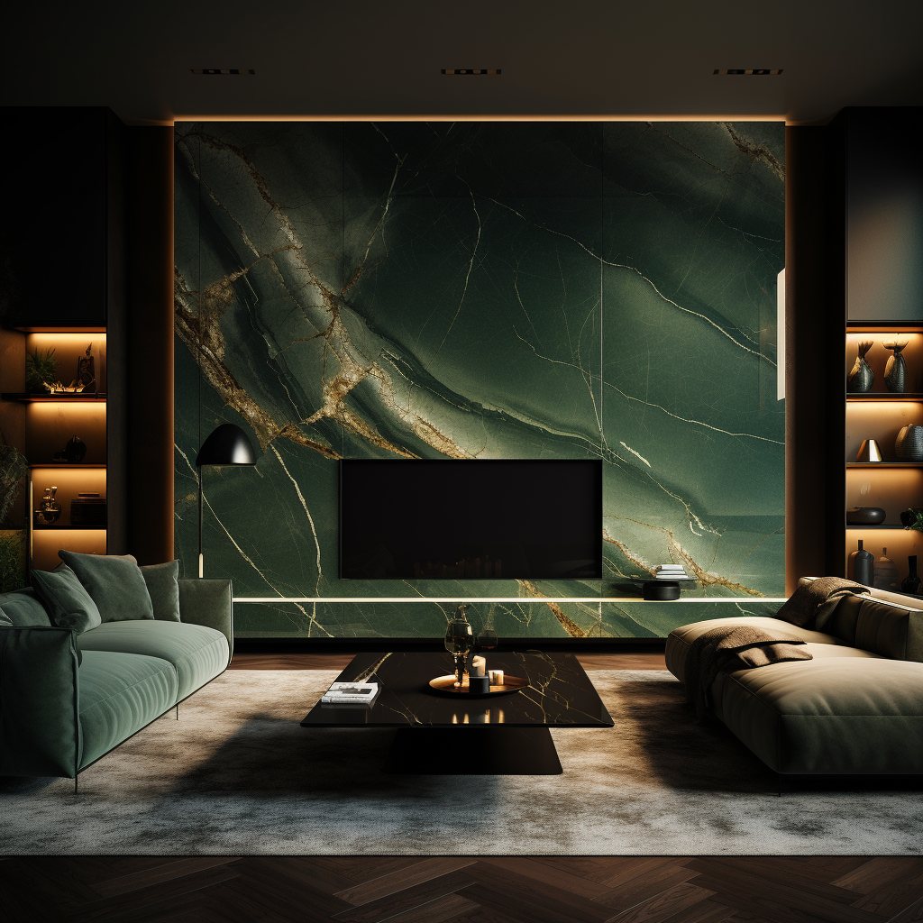 Green backlit marble onyx paneling in living room