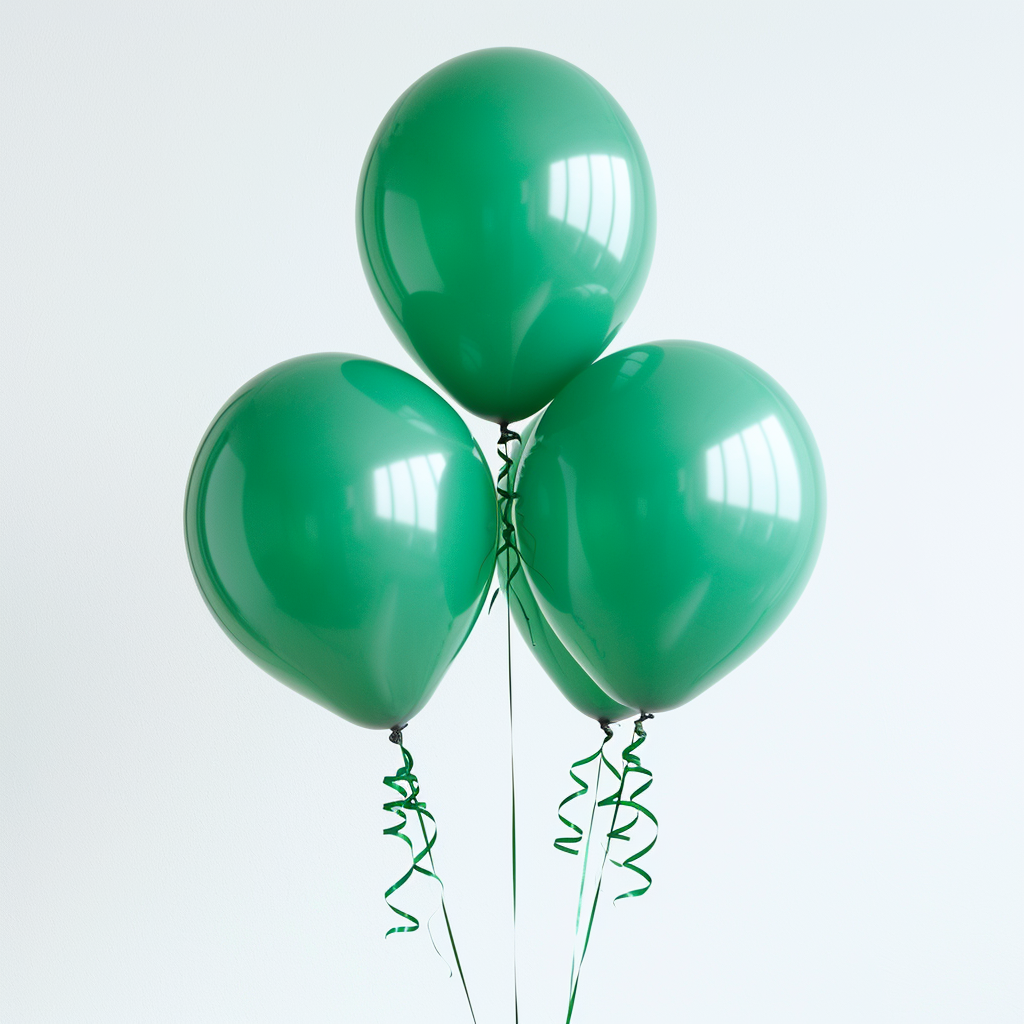 Green Balloons Floating with Ribbons on White