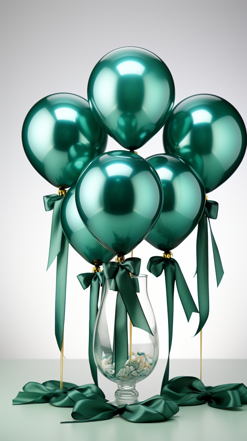 Green balloons floating with ribbons