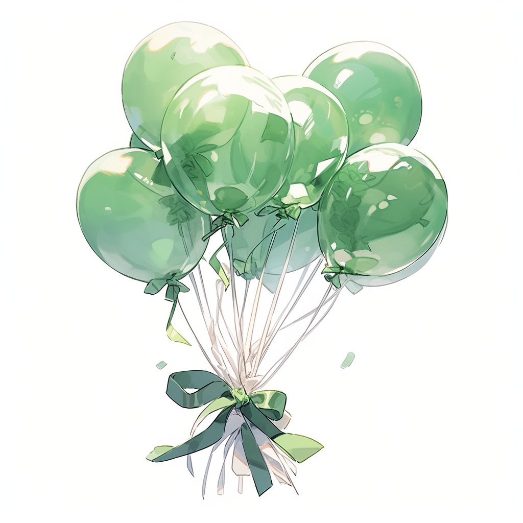 Green balloons tied together floating with intertwined ribbons