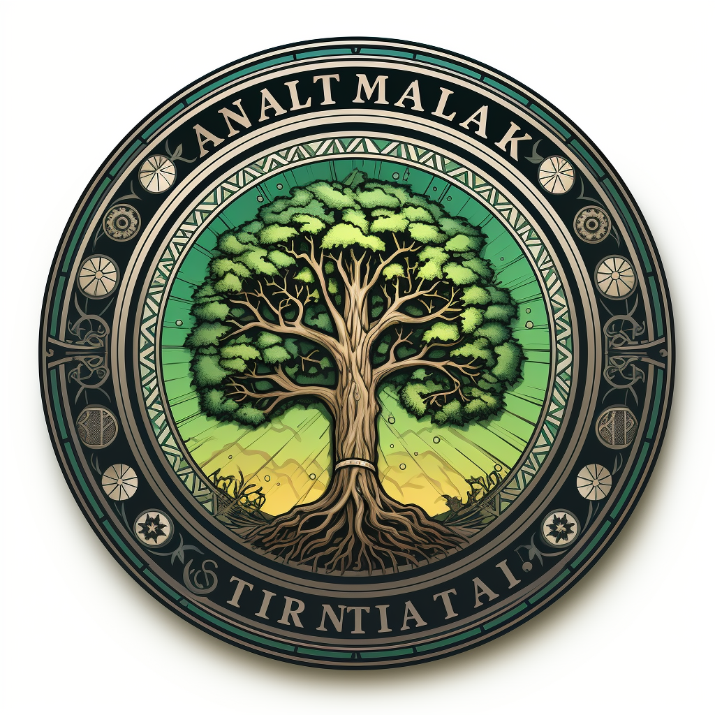 Multi-colored logo with oak tree and compass