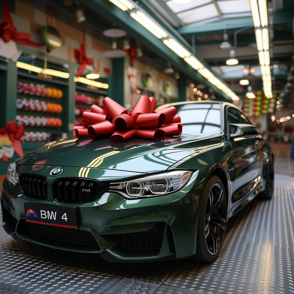 Green BMW M4 with Red Bow