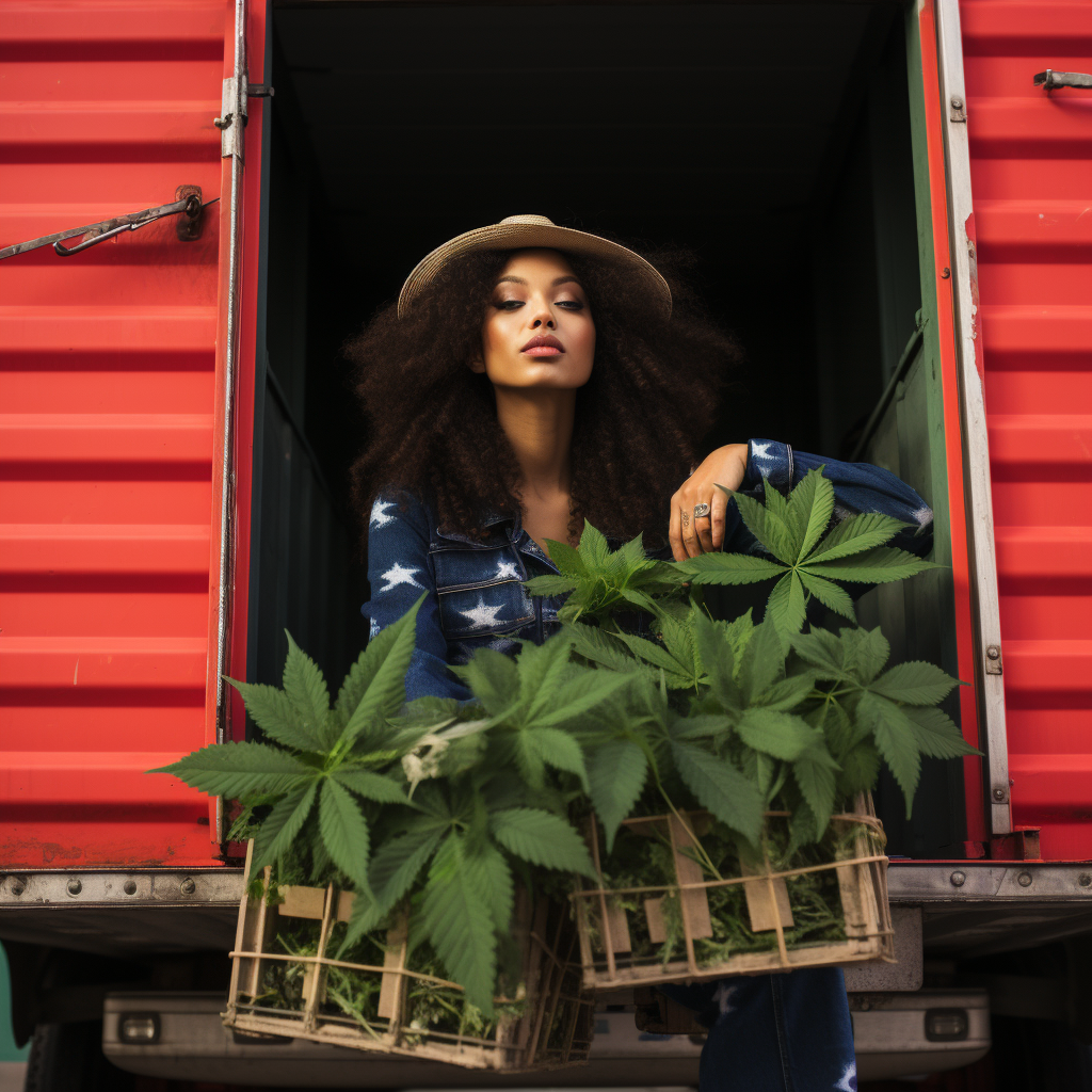 Ethnic woman with cannabis delivery truck