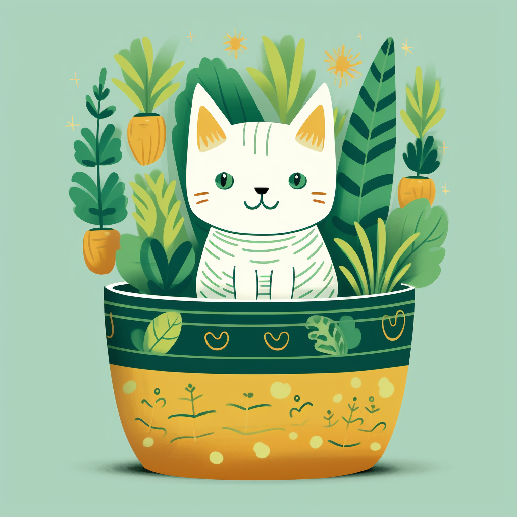 Illustration of green cat plant in patterned pot