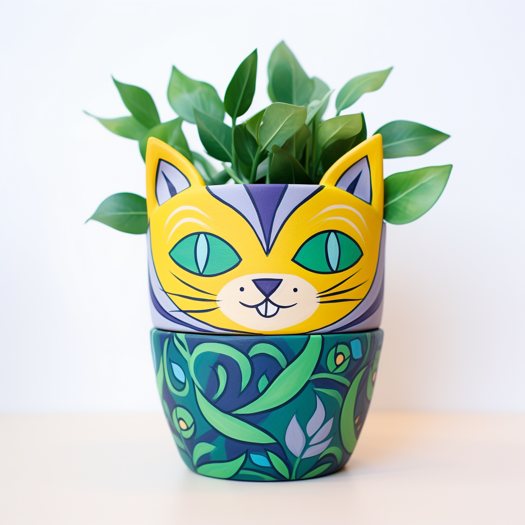 Green cat plant in colorful pattern pot