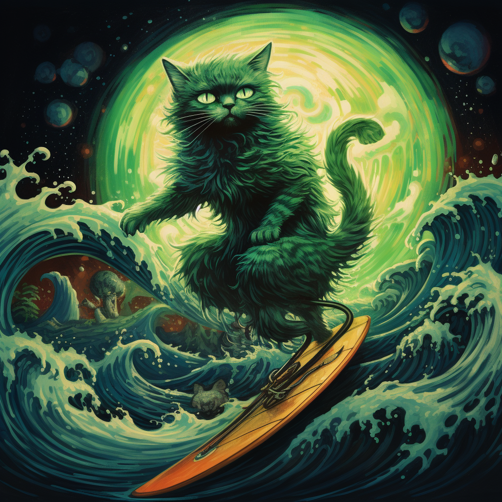 Green Cat Riding Surfboard on Moon