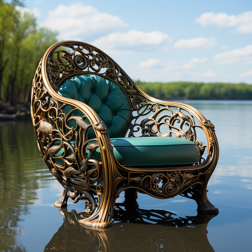 Captivating green chair made of branches in front of a lake