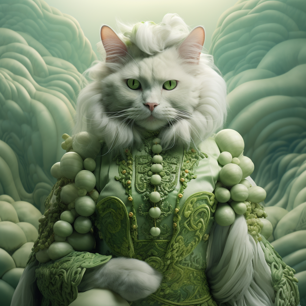 Cat in Green Chinese Costume with Vegetables