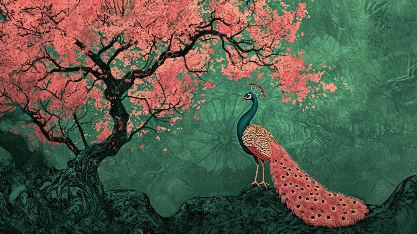 Green Chromatic Background with Pink Peacock Tree