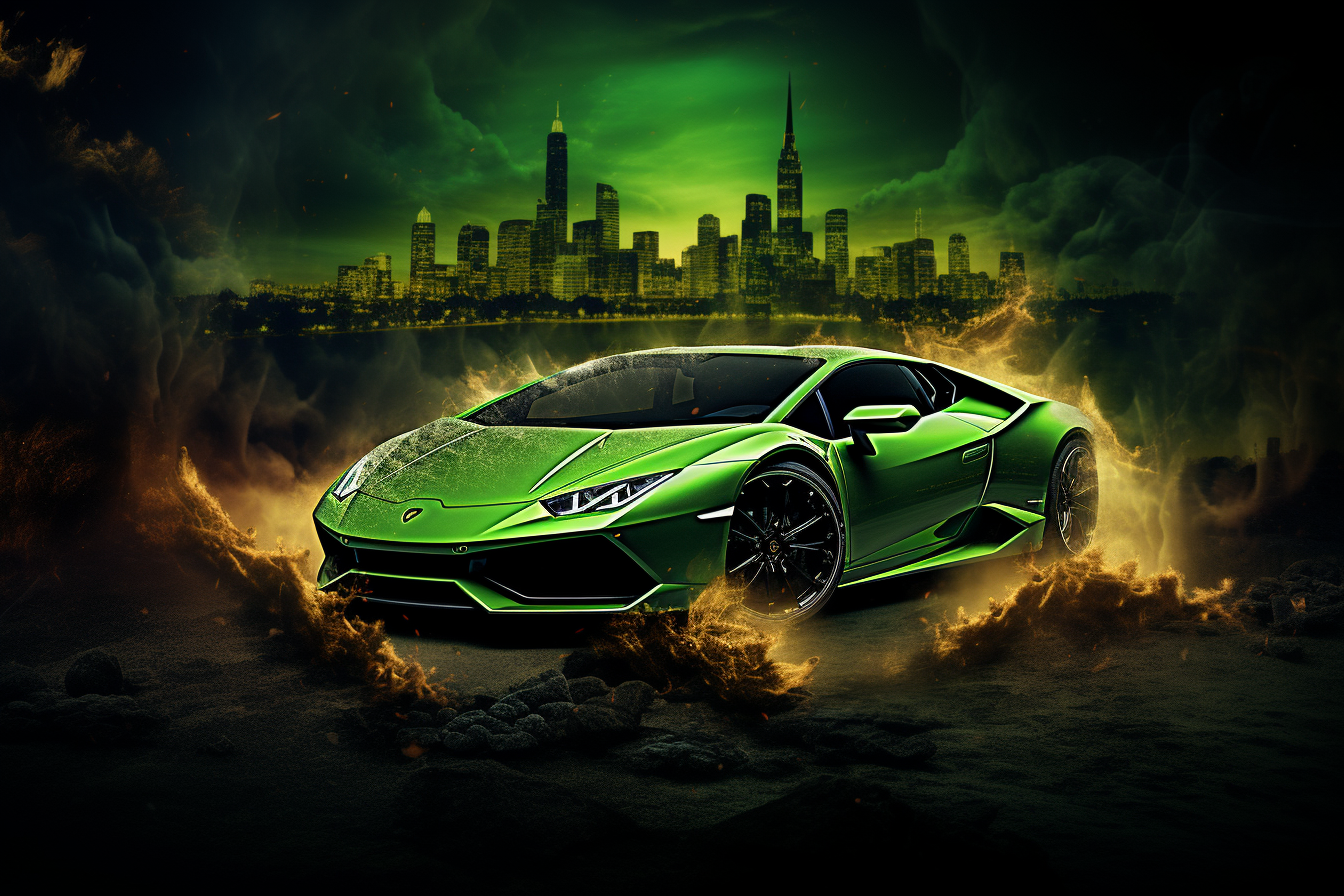 Green Lamborghini with Burning City Panorama