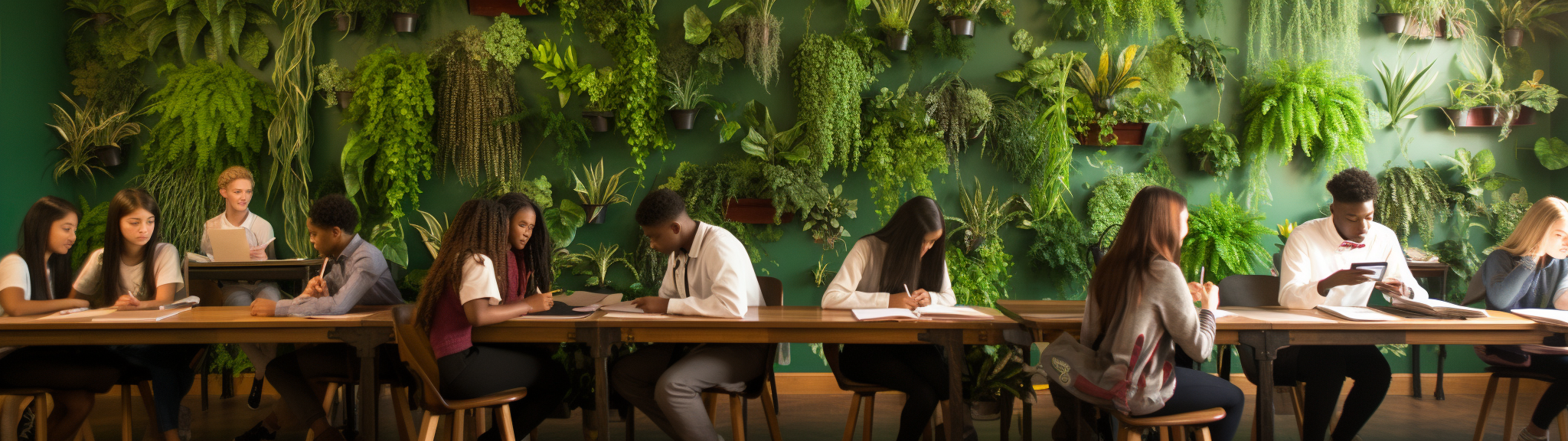 students writing test in green classroom