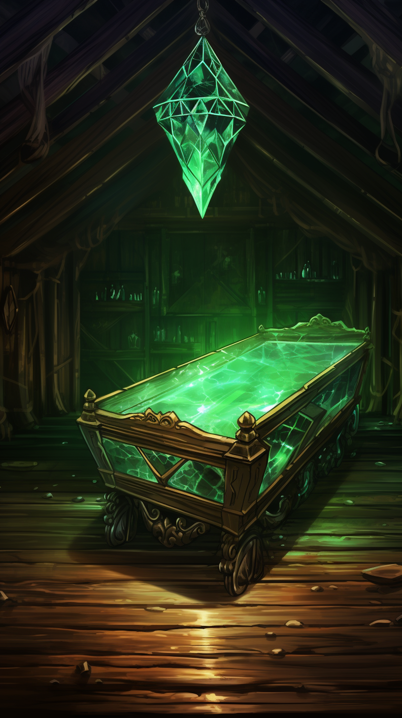 Glowing green crystal coffin in wooden room