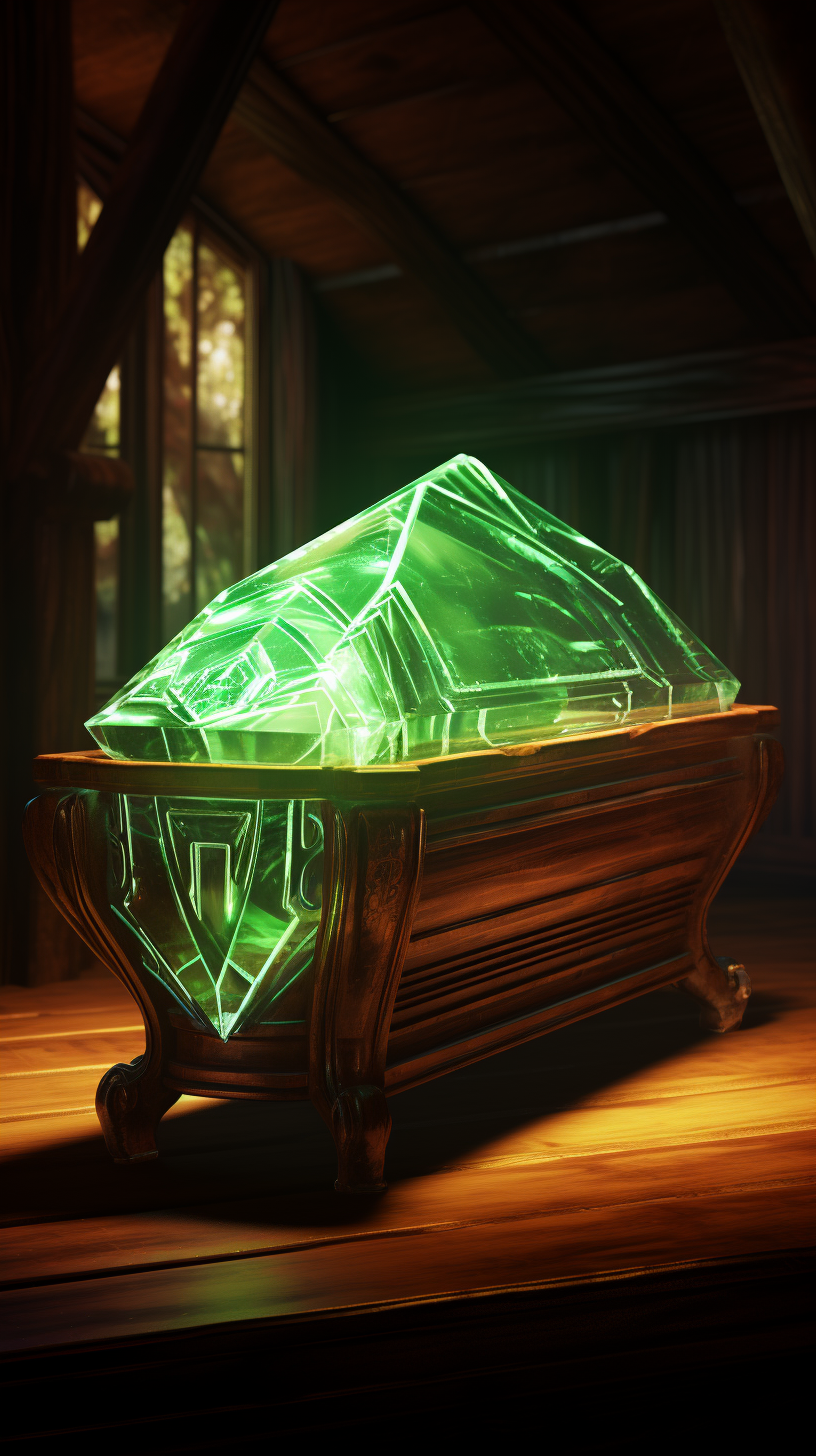 Green crystal coffin in wooden room