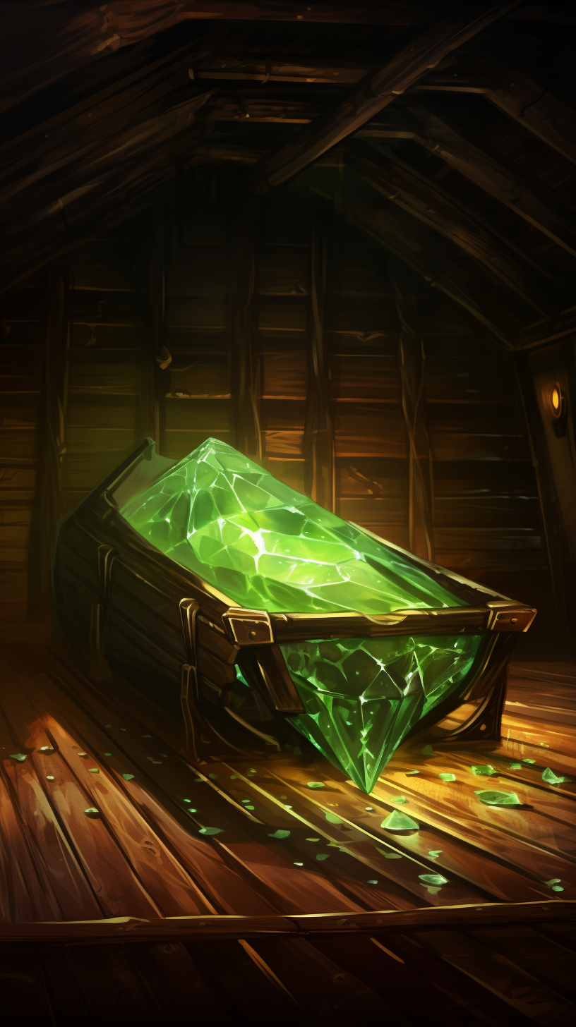 Enchanting green crystal coffin in wooden room on ship